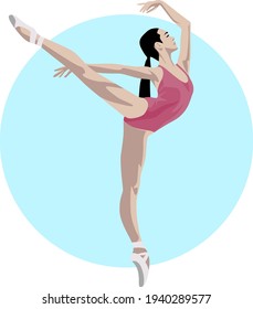 Girl dancing ballet in a leotard. Blue background