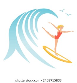 Girl dancing ballet on a surfboard riding a big wave. Recreational Surfing Emblem. Vector illustration.