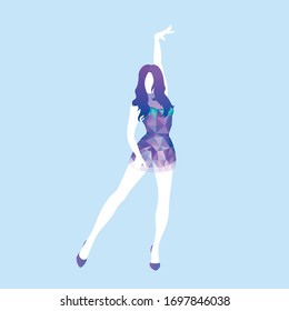 The girl is dancing in a bright dress and in heels. Bright gradients. Elegant pose. Violet, pink. Active lifestyle.