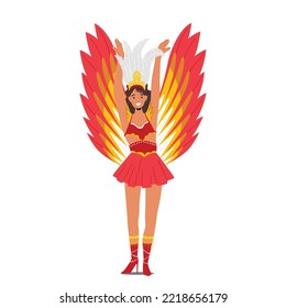 Girl Dancing at Carnival in Rio De Janeiro. Brazilian Samba Dancer Woman Wearing Festival Costume with Red and Gold Colorful Feathers Isolated on White Background. Cartoon People Vector Illustration