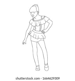 The girl is dancing a dance. Line art. Drawn by hand. Stylized character. Vector illustration