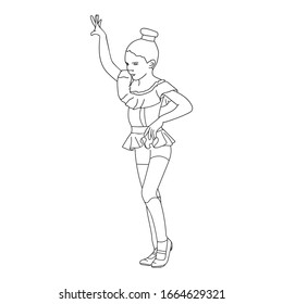 The girl is dancing a dance. Line art. Drawn by hand. Stylized character. Vector illustration