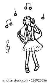 Girl dancing in earphones, vector sketch illustration