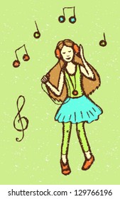 Girl dancing in earphones, vector sketch illustration