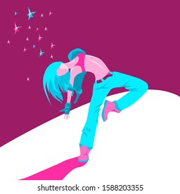 Girl dancing energetic expressive dance. Character flat style vector illustration.