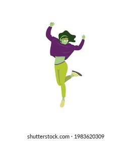 A girl is dancing and enjoying music in flat illustration style