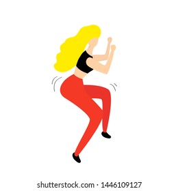 Girl dancing fitness squats. In red pants and black top. Vector graphics. sports lifestyle. cardio dance