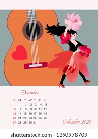 Girl dancing flamenco in red dress and stylized guitar with red heart. Beautiful template of december month. Calendar for 2020 year. Week starts on sunday. 