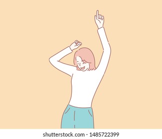 Girl dancing in front of a yellow wall. Hand drawn style vector design illustrations.