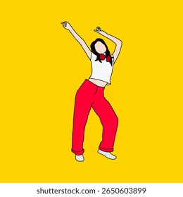 Garota dançando com fones de ouvido no fundo amarelo, feminina energética dançando livremente em roupa elegante