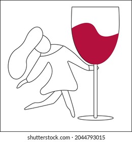 Girl dancing holding on to a glass of wine. Crazy party, celebration of the holidays. Vector illustration.