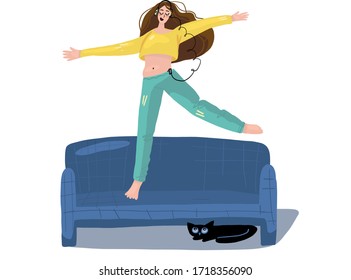 a girl dancing at home, listening to music with headphones. A light happy mood, positive person in comic books. Life style