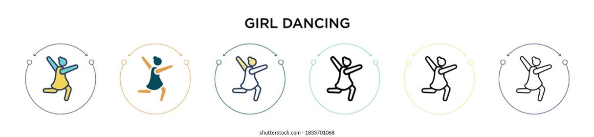 Girl dancing icon in filled, thin line, outline and stroke style. Vector illustration of two colored and black girl dancing vector icons designs can be used for mobile, ui, web