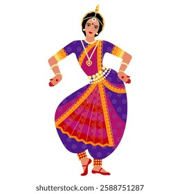 A girl is dancing an Indian dance in a traditional national costume.  stock vector illustration. EPS 10.