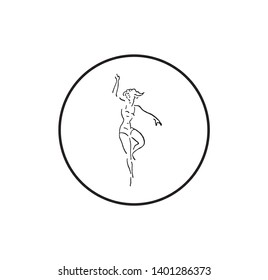 Girl dancing logo small detail vector decoration. Lady simple silhouette vector illustration. Woman exercising outline original drawing. Human body contour sketch. Person in round circle hand drawn.