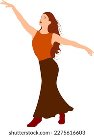 Girl dancing in a long skirt and boots.
Vector illustration of a dancing girl with her arms raised to the sides. 
Illustrations of women in vector.