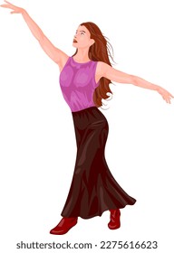 Girl dancing in a long skirt and boots.
Vector illustration of a dancing girl with her arms raised to the sides. 
Illustrations of women in vector.