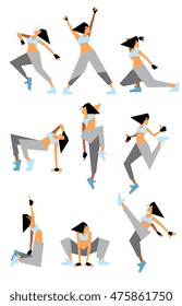 Girl dancing modern dances in different poses isolated on white background vector illustration
