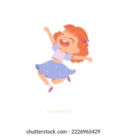 Girl dancing to music with jumps vector illustration. Cartoon isolated little female dancer character jumping high and laughing with happy emotions, fun active hip hop dance of cute excited child.