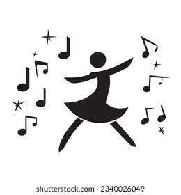 a girl dancing with music a playing, symbol music and person girl guy.