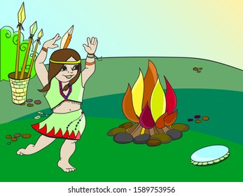 Girl dancing near the fire. Indian woman, holiday costume. Drawing vector illustration
