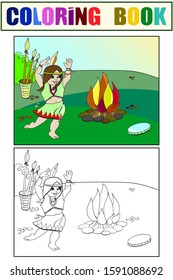 Girl dancing near the fire. Indian woman, holiday costume. Drawing vector illustration