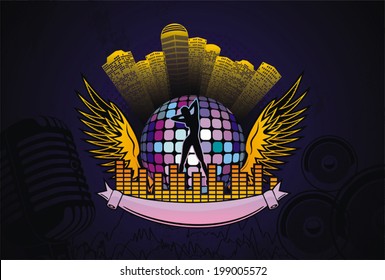girl dancing on disco background and scope of the city at night, equalizer, wings