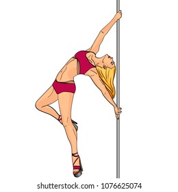 Girl is dancing on pole object on white background retro vector illustration. Comic book style imitation text bubble