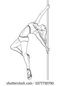 Girl is dancing on pole object on white background retro vector illustration. Comic book style imitation Coloring