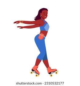 Girl dancing on roller skates on dance party vector illustration. Cartoon isolated happy sporty and beautiful young woman showing modern dance movement with emotions, skating on boots with wheels