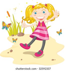 Girl dancing on sand with butterflies