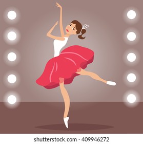Girl dancing on stage in the spotlight. Vector isolated illustration. Cartoon character. Red skirt