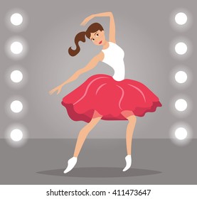 Girl dancing on stage in the spotlight. Vector isolated illustration. Cartoon character. Red skirt