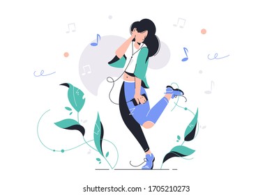 Girl dancing on street outdoors vector illustration. Woman listening to music and wearing headset flat style. Outside activity and player. Fun and entertainment concept. Isolated on white