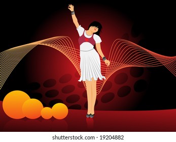 girl dancing on wavy red background, illustration