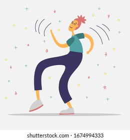 Girl dancing at the party. Flat cartoon character with doodle elements. Invitation for dance party, celebration greeting card. Happy young woman performing dance at a dance floor. Vector illustration.