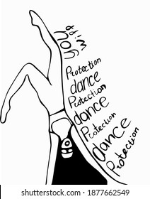 Girl is dancing in a protective mask and glasses. Next to it is the inscription "Protection dance". Graphic arts