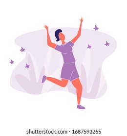 Girl dancing with raised hands vector flat illustration on white background.