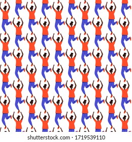 Girl dancing with raised hands vector flat seamless pattern. Joyful positive woman in comfortable clothes having fun hand drawn concept.