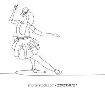 The girl is dancing in a short puffy dress. World Lindy Hop Day. One line drawing for different uses. Vector illustration.
