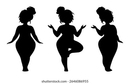 Girl dancing silhouette set. Body positive beautiful woman doing dance fitness and yoga performance exercises