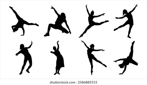 Girl Dancing Silhouette Set Elegant Female Dancer Poses Ballet Jazz Modern Dance Vector Illustration