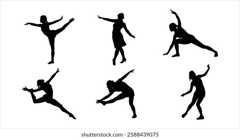 Girl Dancing Silhouette Set Elegant Female Dancer Poses Ballet Jazz Modern Dance Vector Illustration