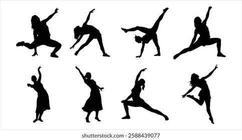 Girl Dancing Silhouette Set Elegant Female Dancer Poses Ballet Jazz Modern Dance Vector Illustration