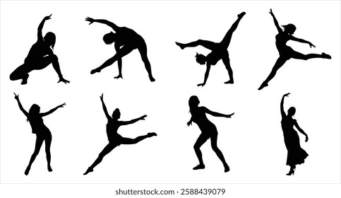 Girl Dancing Silhouette Set Elegant Female Dancer Poses Ballet Jazz Modern Dance Vector Illustration