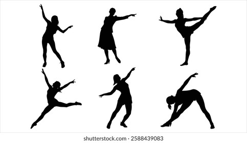 Girl Dancing Silhouette Set Elegant Female Dancer Poses Ballet Jazz Modern Dance Vector Illustration