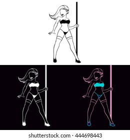 girl dancing, striptease, cartoon character, sillhouette, vector illustration