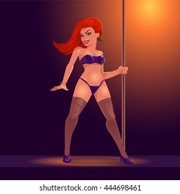 girl dancing, striptease, cartoon character, happy, vector illustration