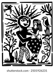 Girl dancing with sun. Brazilian cordel woodcut vector illustration.