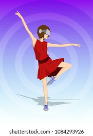 Girl dancing in virtual reality headset. Abstract vr world on background. Vector illustration.